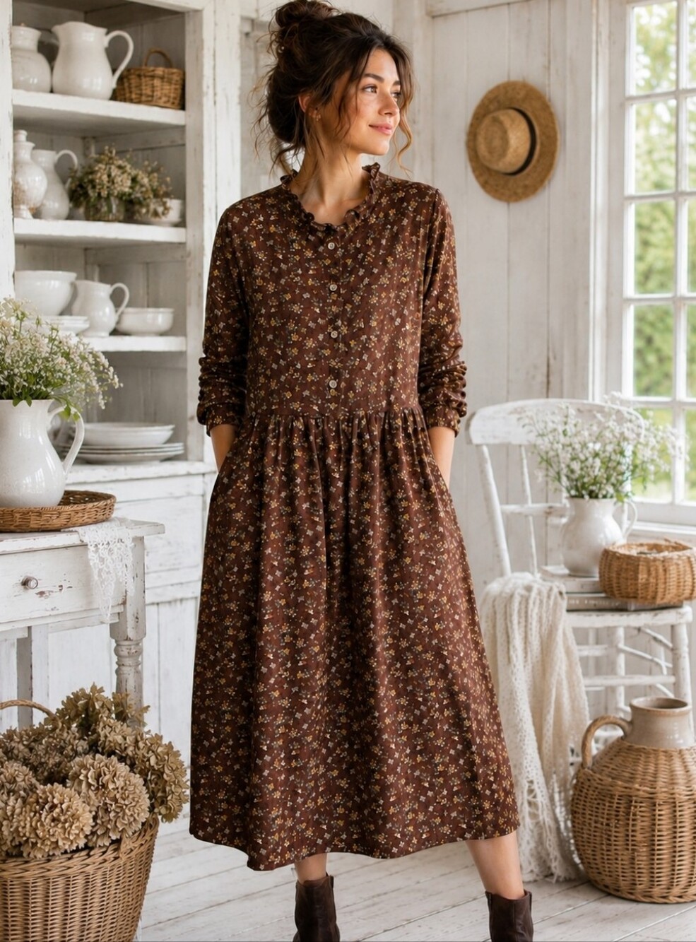 Brown Floral Cottagecore Midi Dress Women's Long Sleeve Boho Prairie Fall Dress